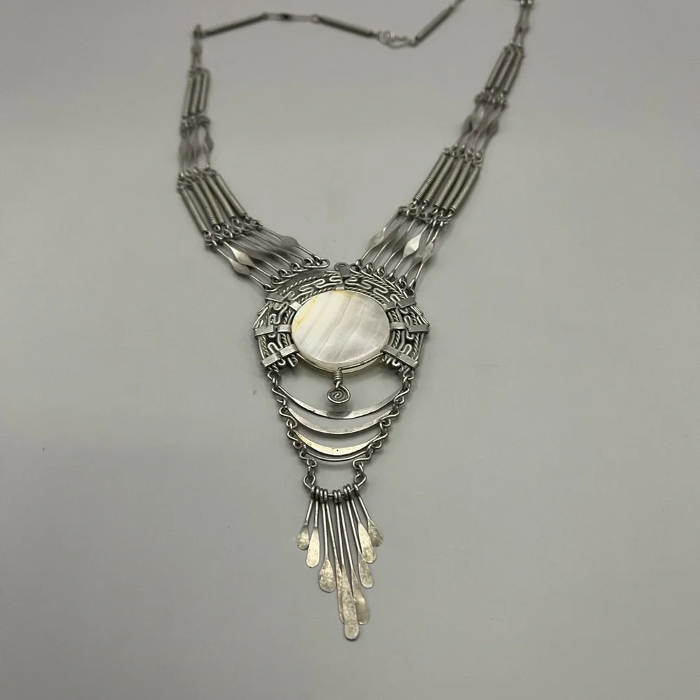 Silver Tribal-Inspired Necklace with Intricate Centerpiece - Picture 2 of 2